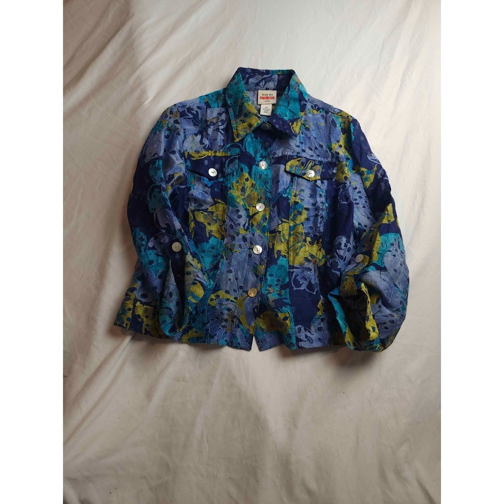Ruby Rd. Favorites Jacket Womens Size 10P Purple Floral Roll Tab Sleeves Cropped